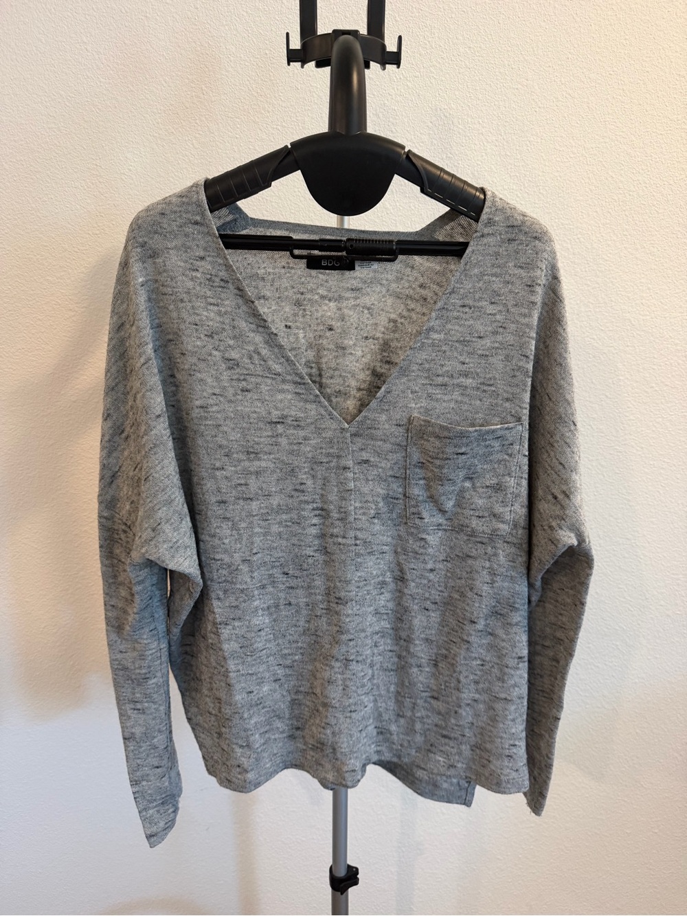 Gray V-Neck Knit Sweater with Chest Pocket